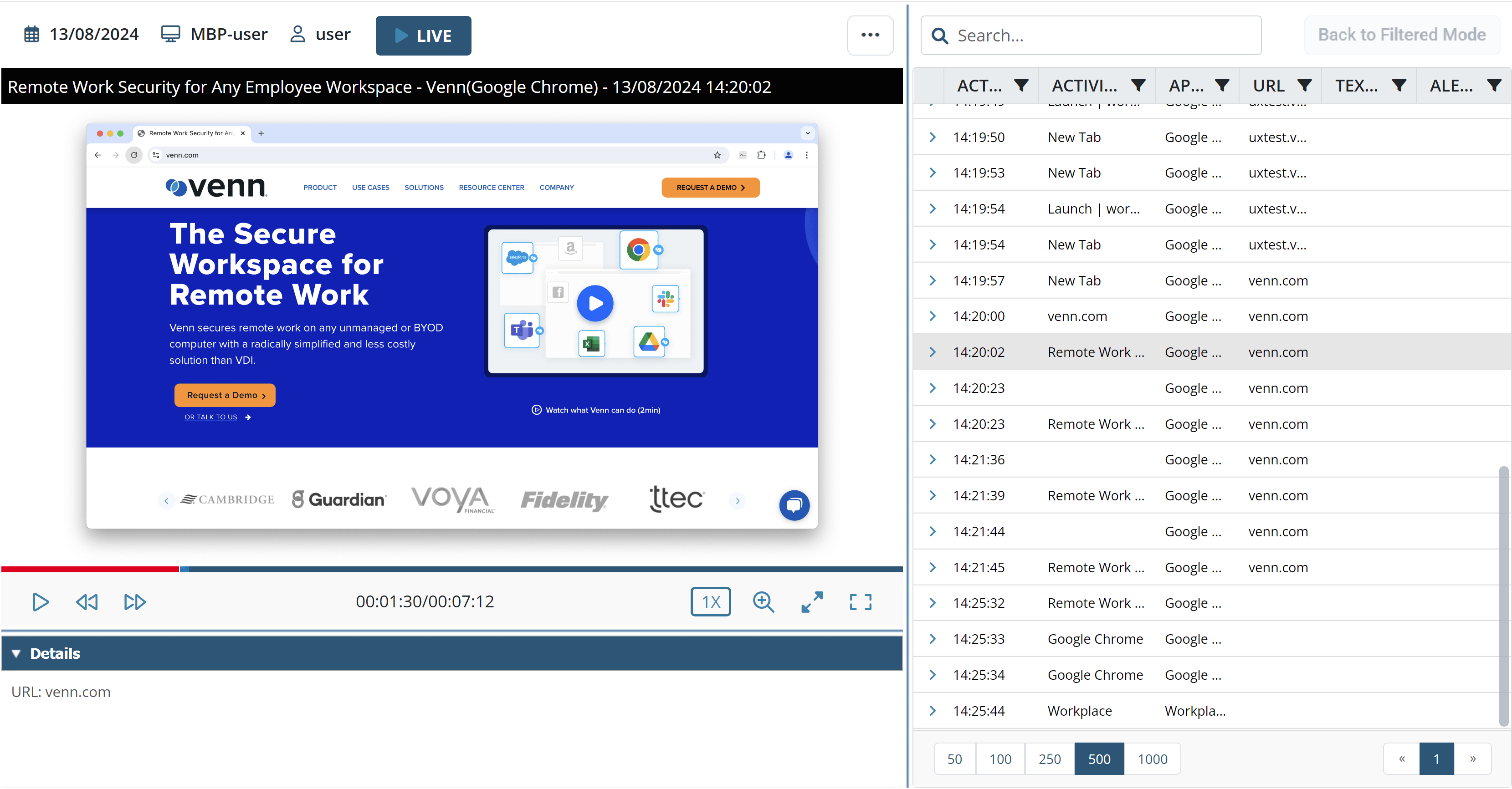 Session Player showing a Venn workspace application with the desktop hidden
