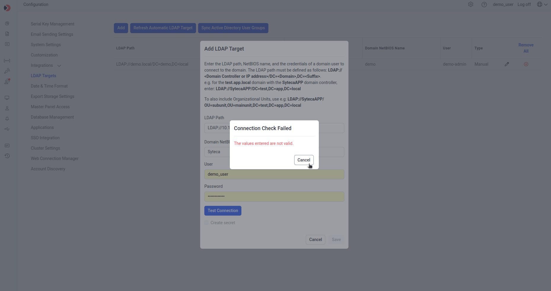 Edit LDAP Target panel