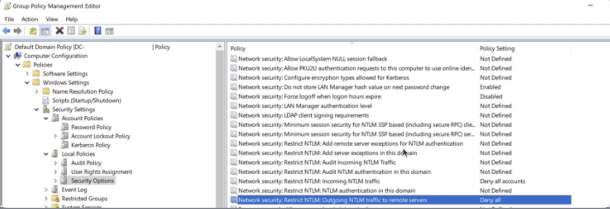 Group Policy Management Editor showing Security Options