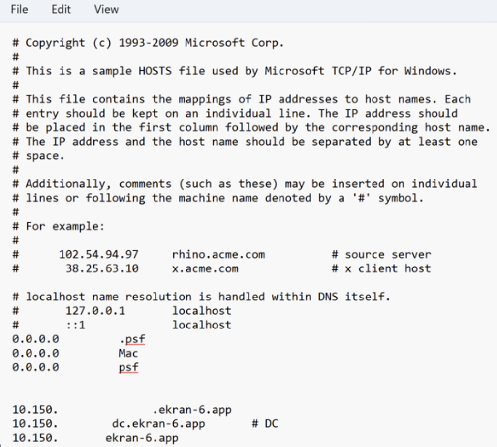 hosts file with Domain Controller and target machine entries