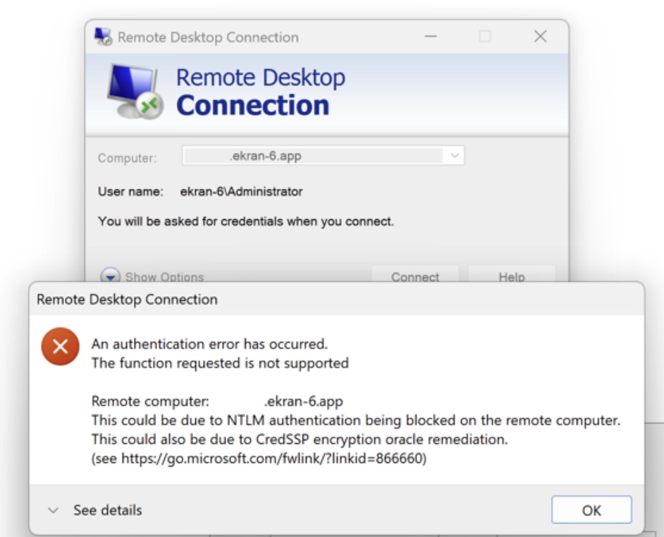 Remote Desktop Connection authentication error dialog