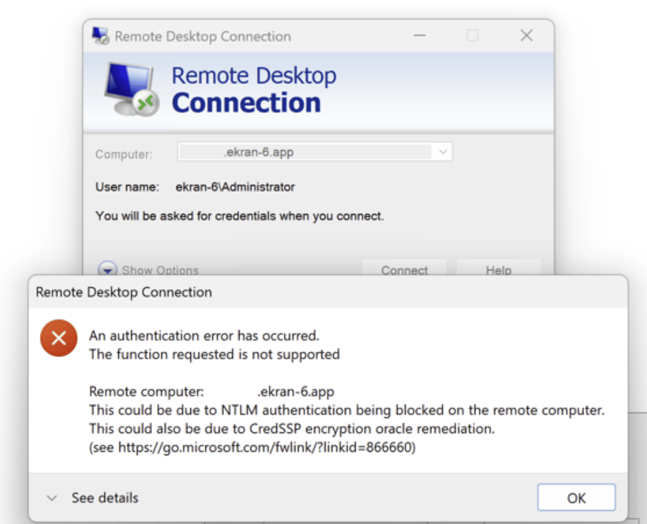 Remote Desktop Connection authentication error dialog
