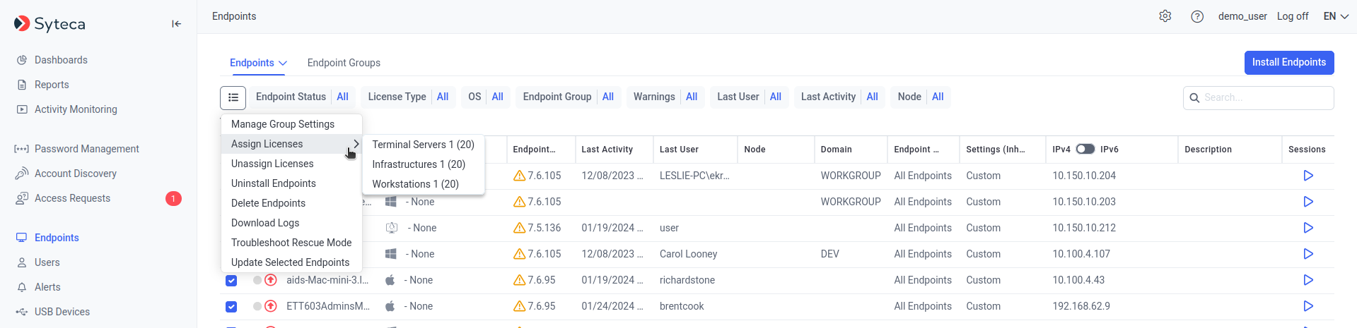 Clients tab with checkboxes selected and Bulk Action menu showing Assign Licenses