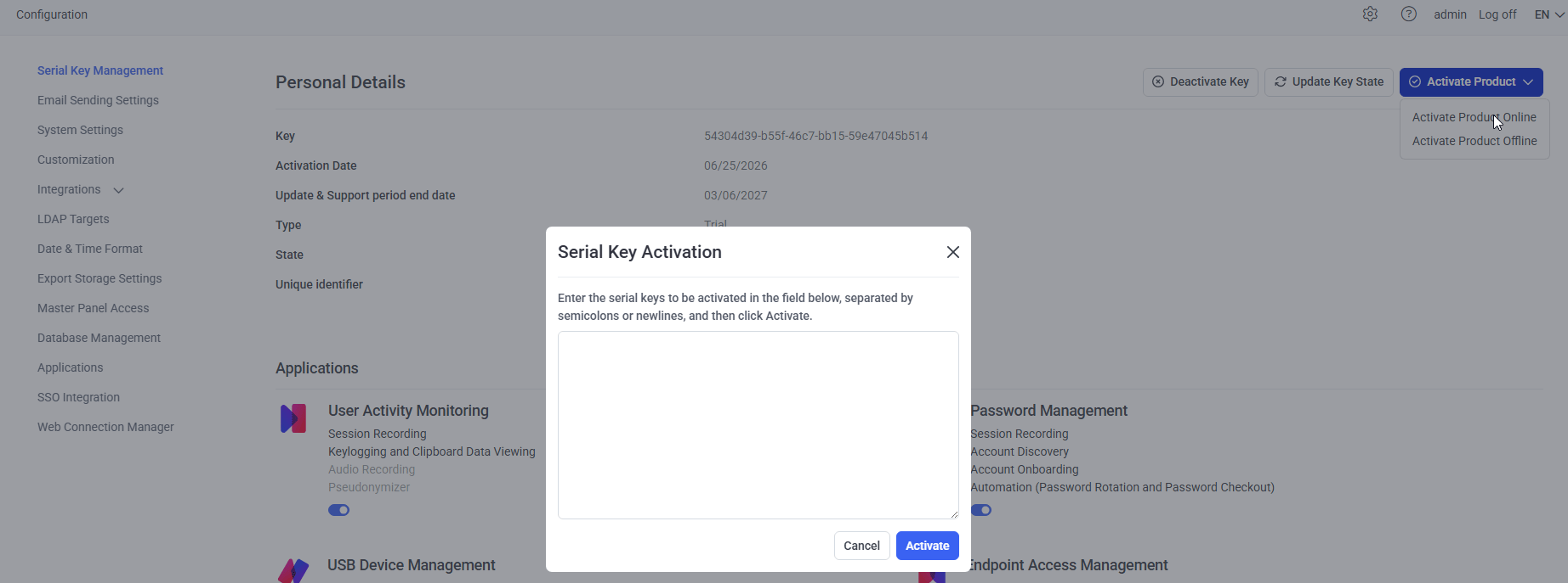 Serial Key Activation popup window with entry field and Activate button