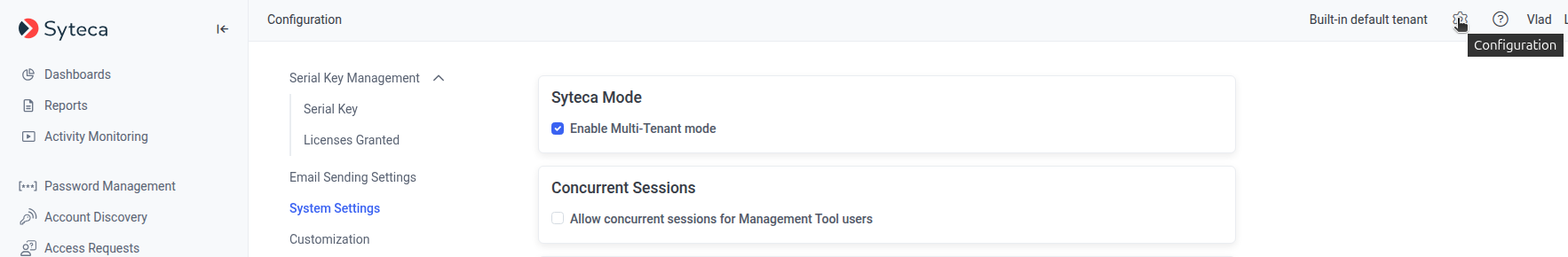 System Settings tab showing the Syteca Mode section with the Enable Multi-Tenant mode checkbox