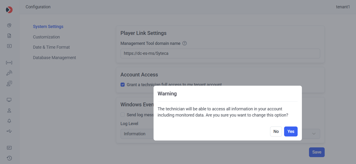 System Settings tab showing the Grant a technician full access to my tenant account checkbox