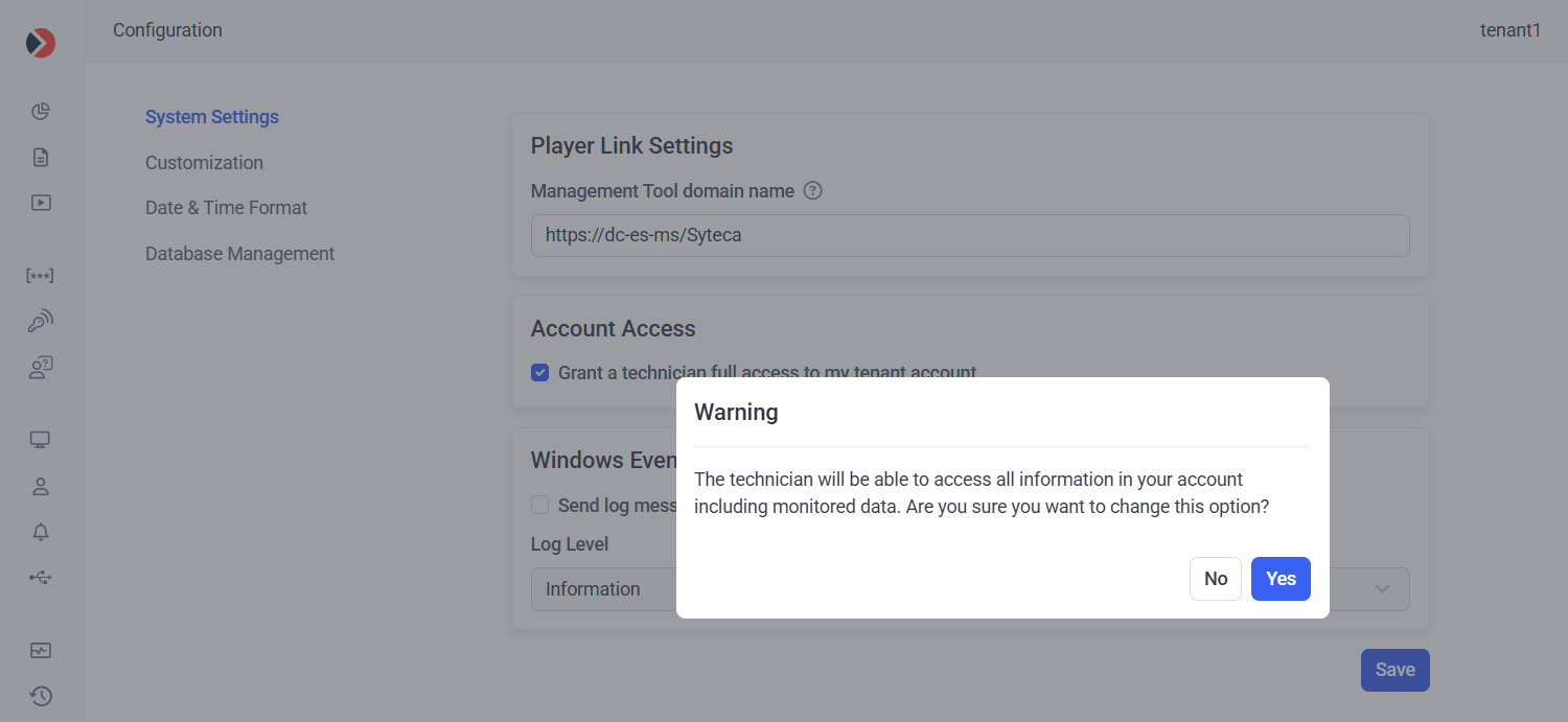 System Settings tab showing the Grant a technician full access to my tenant account checkbox