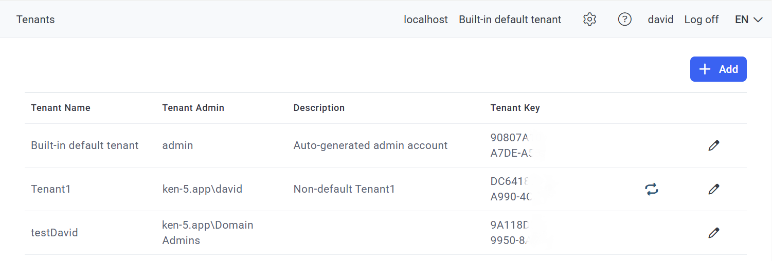 Tenants page listing the built-in default tenant and additional tenants with Switch To and Edit Tenant icons