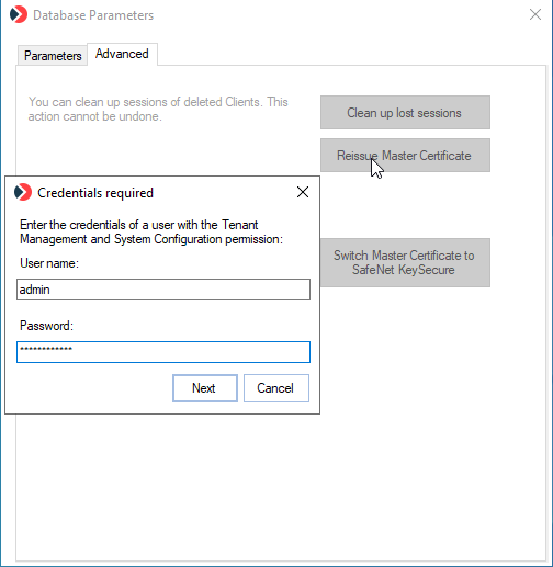 Database Parameters DbSetupToolUI Advanced tab showing the Reissue Master Certificate button and Migrate Master Certificate to 4096-bit button