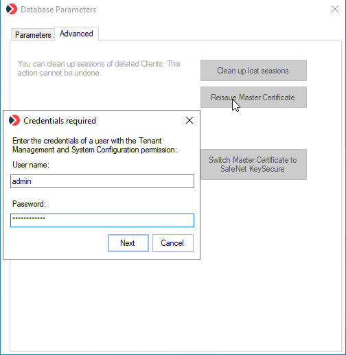 Database Parameters DbSetupToolUI Advanced tab showing the Reissue Master Certificate button and Migrate Master Certificate to 4096-bit button