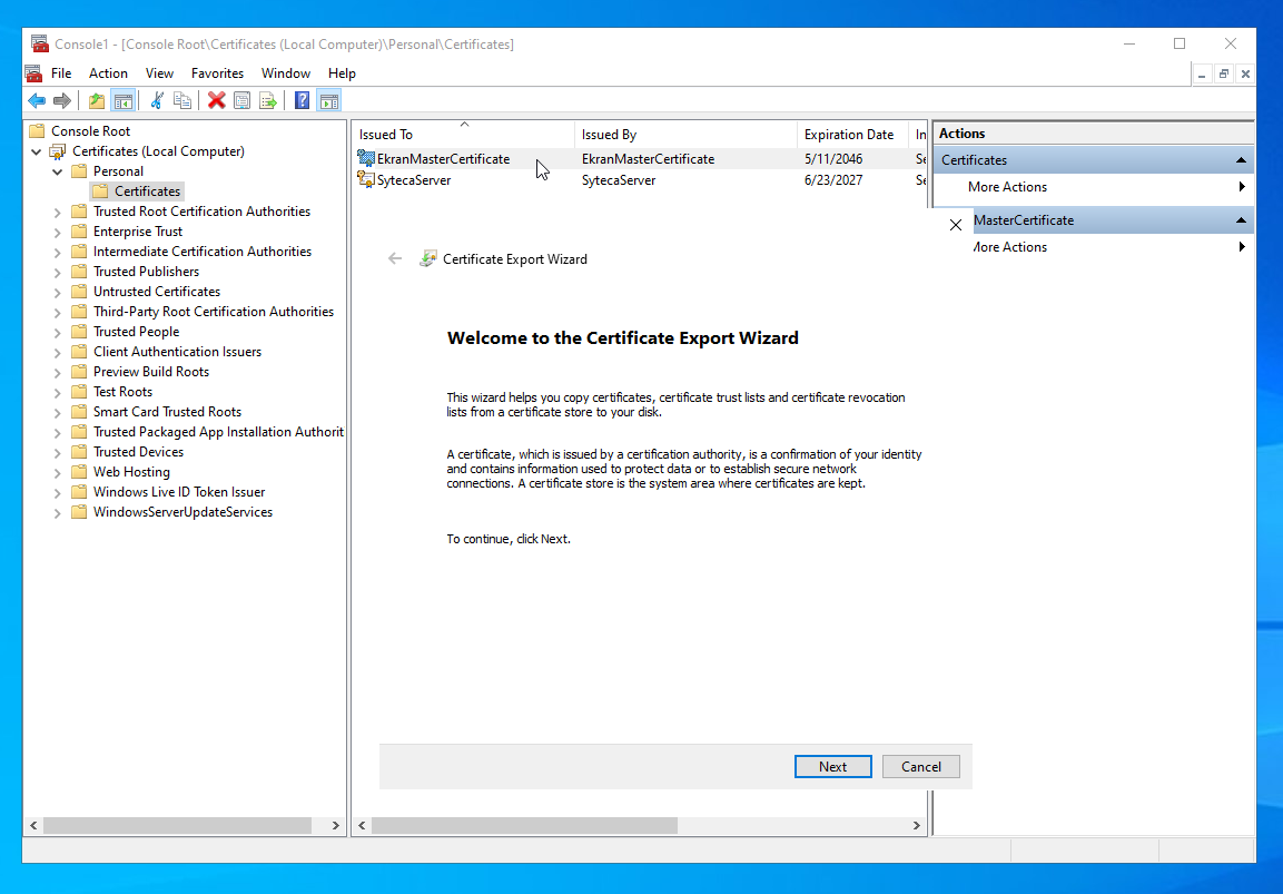 Certificate Export Wizard Export File Format page