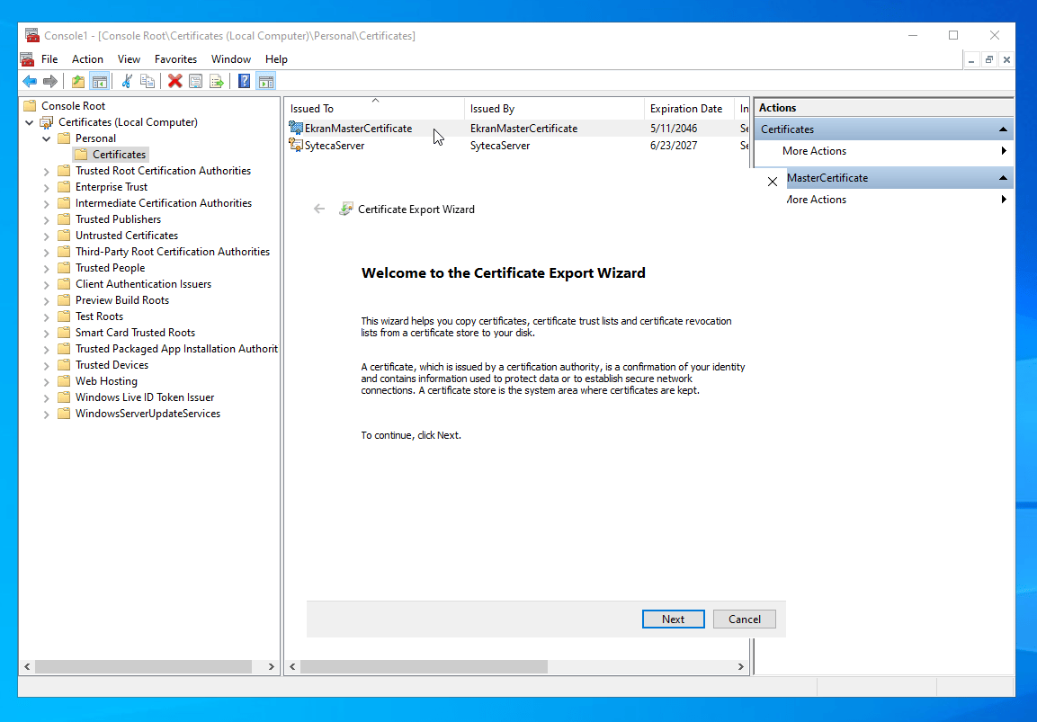 Certificate Export Wizard Export File Format page