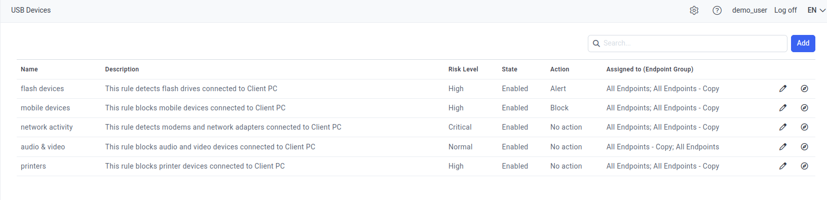 Add USB Rule page showing USB Rule Properties, Rule Conditions, Additional Actions, and Assigned Clients tabs
