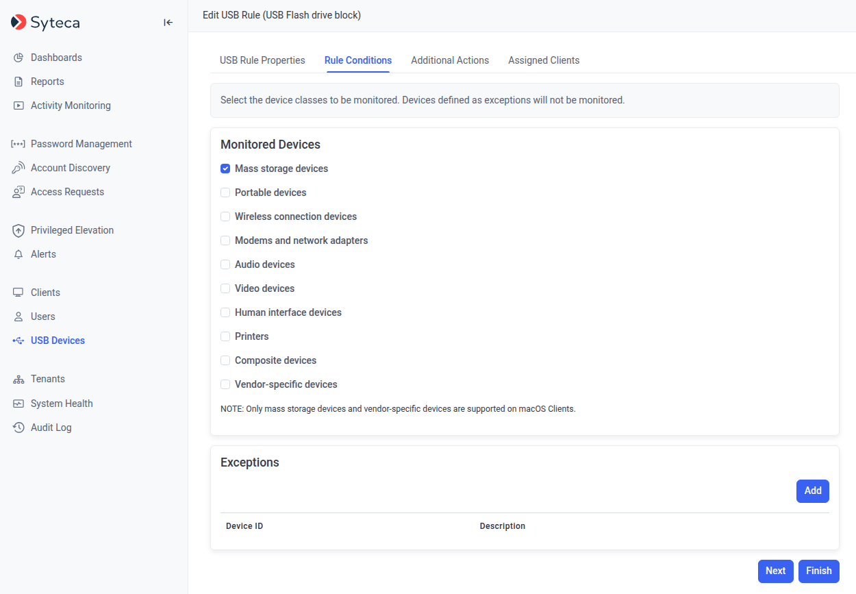 USB monitoring rule device class selector showing all device class checkboxes