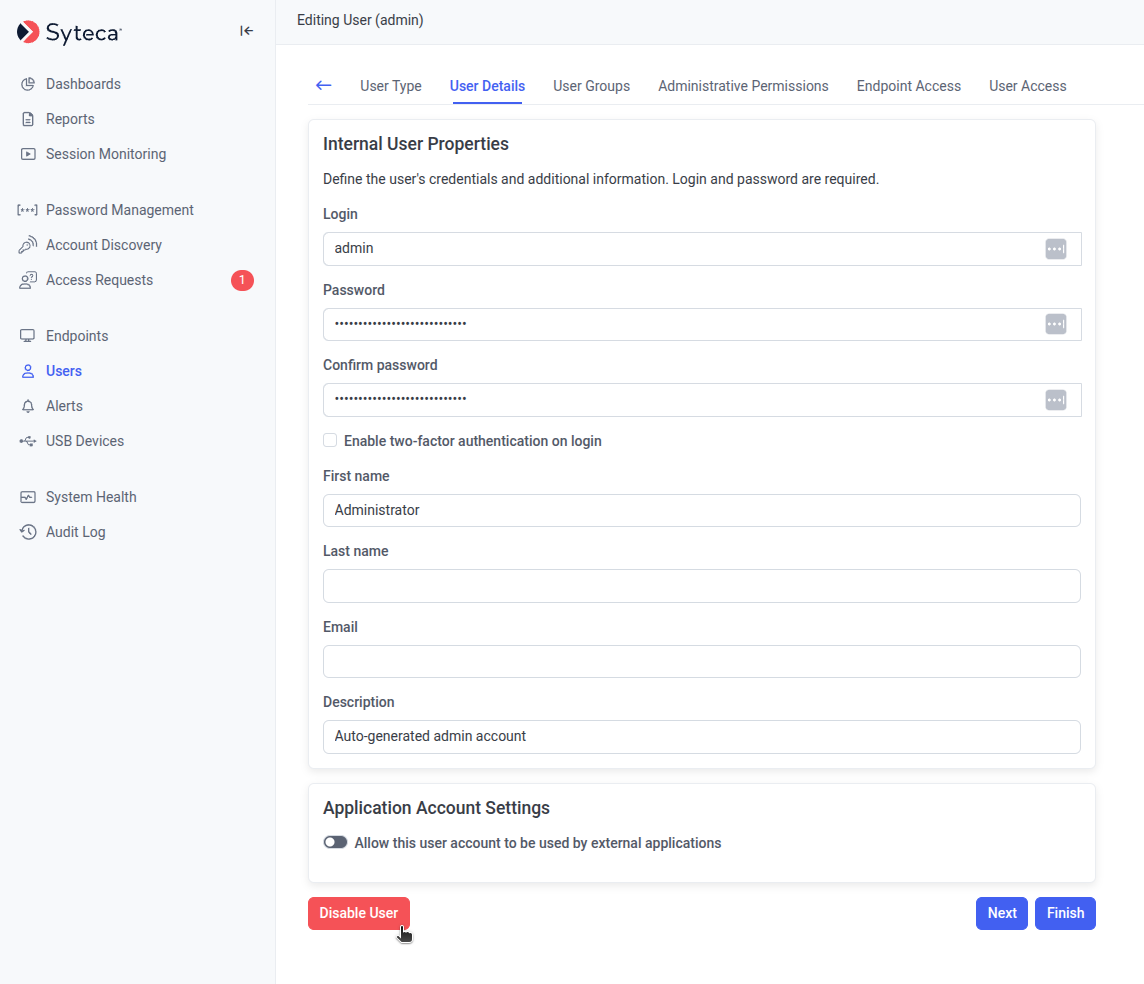 Edit User page for the default admin showing the Disable User button in the bottom left replacing the Delete User button