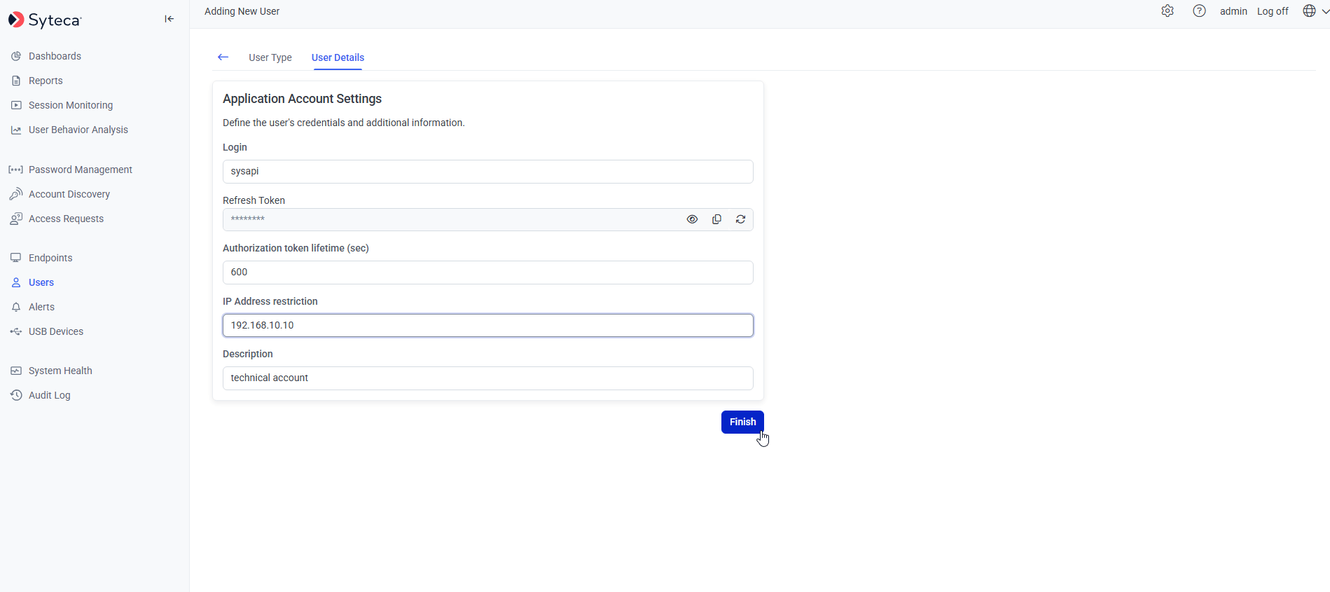 User Details tab showing Application Account Settings with Allow external apps toggle, Refresh Token field, Authorization token lifetime and IP Address restriction