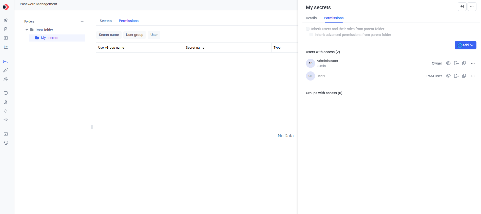 Edit Folder Permissions tab showing assigned users with their roles and the Add button