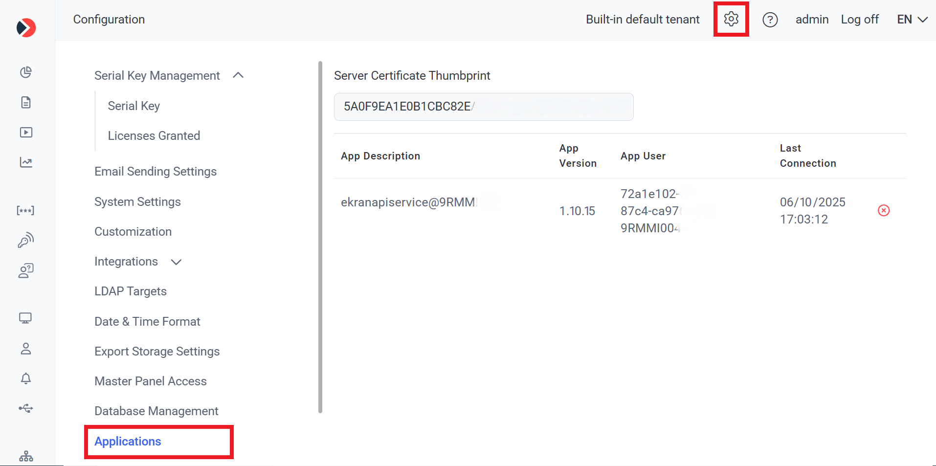 Configuration Applications tab showing the registered Syteca Data Connector entry with version and date columns