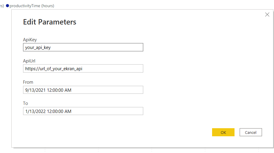 Power BI Desktop Edit Parameters dialog showing ApiKey, ApiUrl, From, and To fields for the Syteca Data Connector report template
