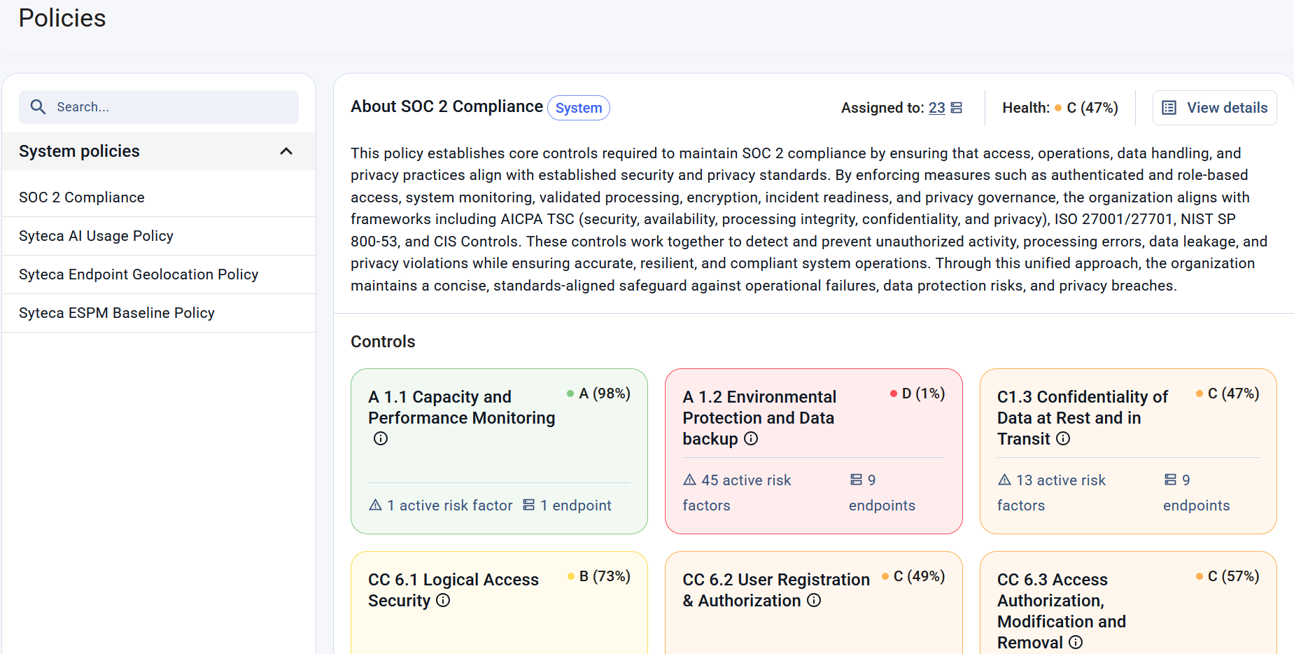 The Policies page with the SOC2 compliance policy in focus