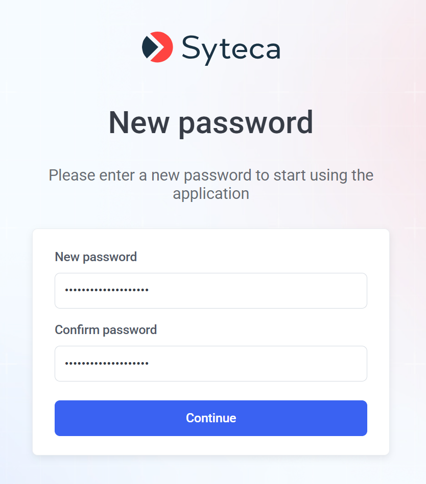 Syteca SaaS mandatory password change screen showing two password fields with complexity requirements listed beneath