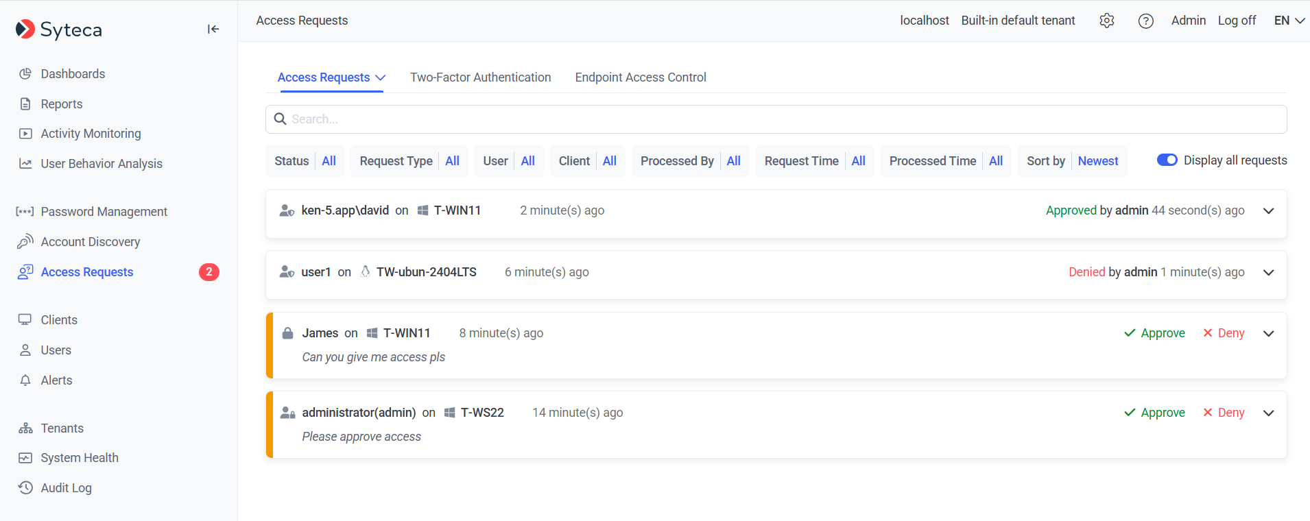 Access Requests tab listing pending access requests