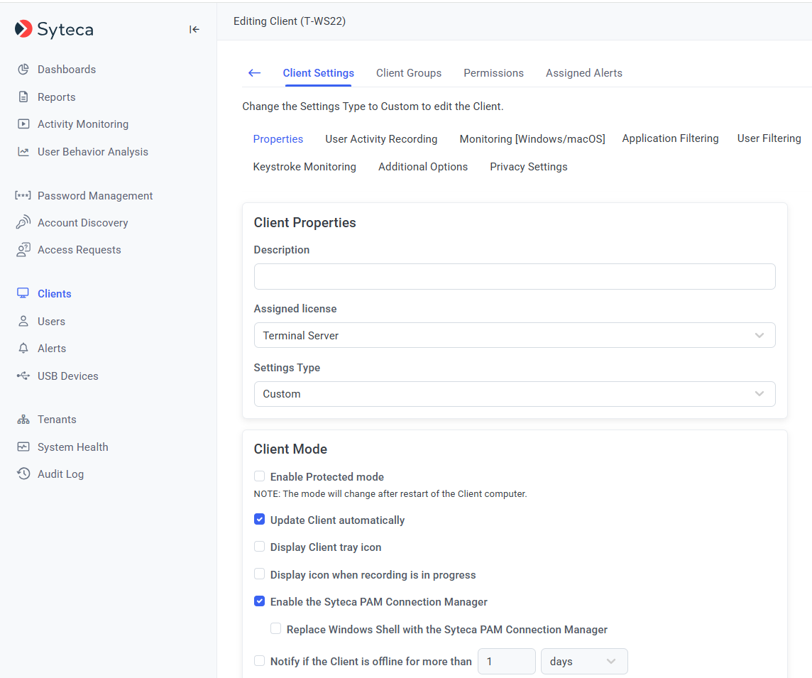 Client Properties showing the Client Mode section with PAM Connection Manager enabled