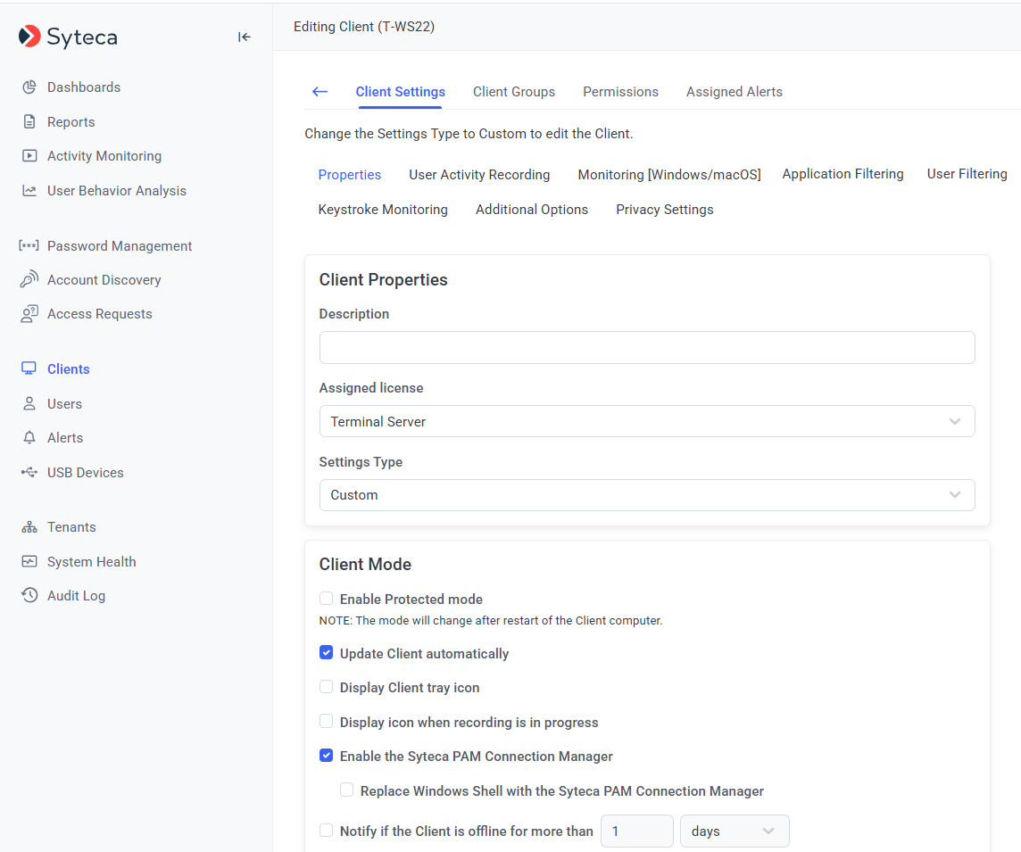 Client Properties showing the Client Mode section with PAM Connection Manager enabled