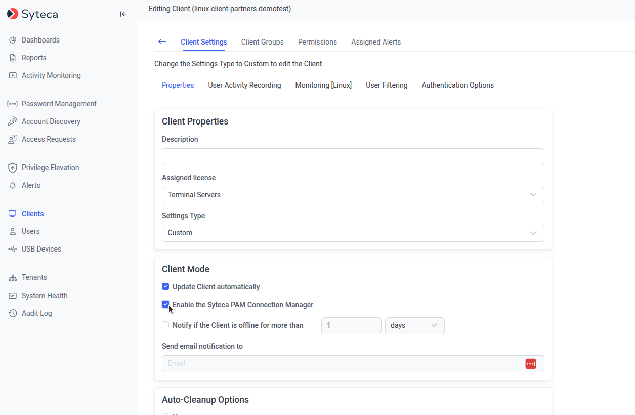 Editing Endpoint page showing the Enable the Syteca PAM Connection Manager checkbox