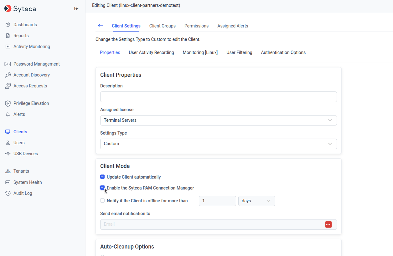 Editing Endpoint page showing the Enable the Syteca PAM Connection Manager checkbox