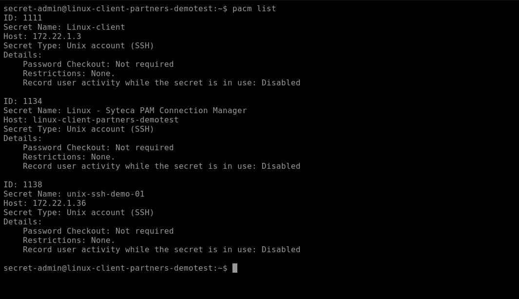 Terminal output showing multiple Secret entries from pacm list
