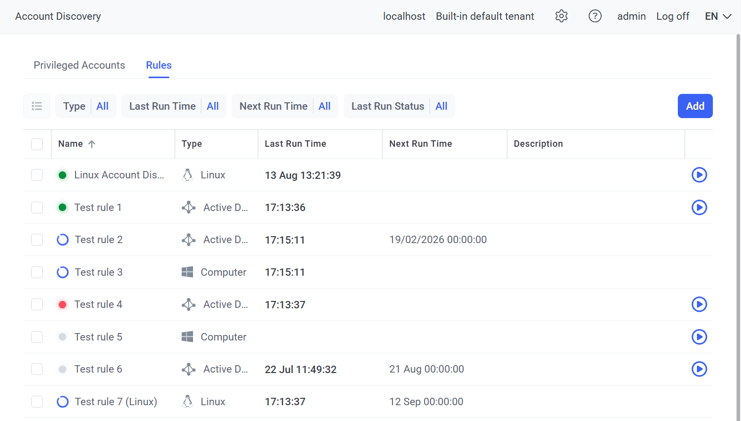 Account Discovery Rules tab showing rules with status icons