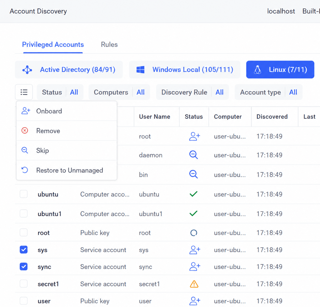 Privileged Accounts tab listing discovered accounts with status icons