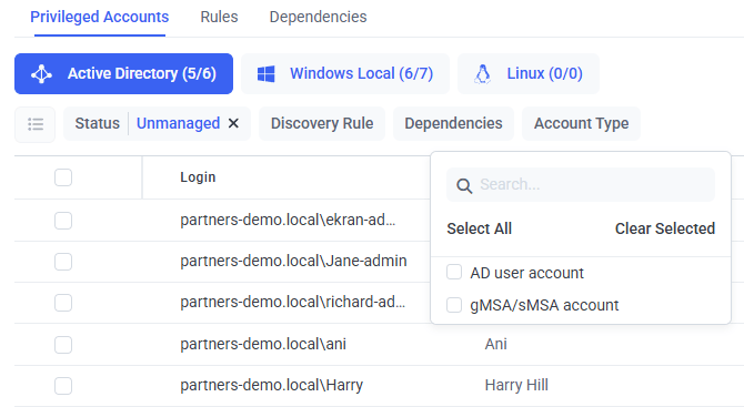 Active Directory sub-tab showing the Account Type filter