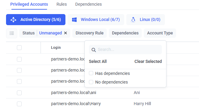 Privileged Accounts tab showing the Dependencies filter