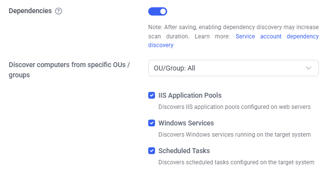 Discovery Rule popup showing the Dependencies toggle and checkboxes