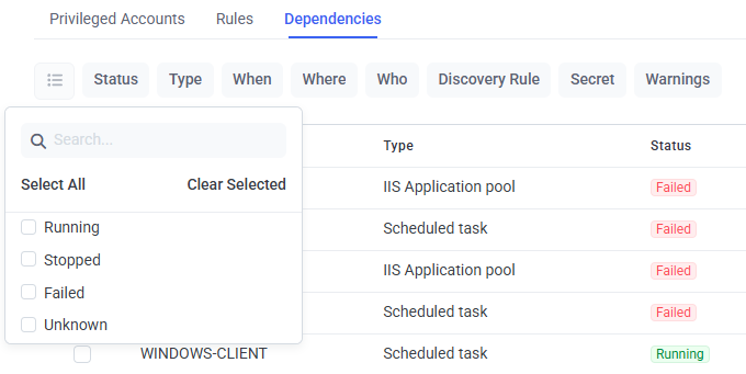 Dependencies tab showing various dependency statuses