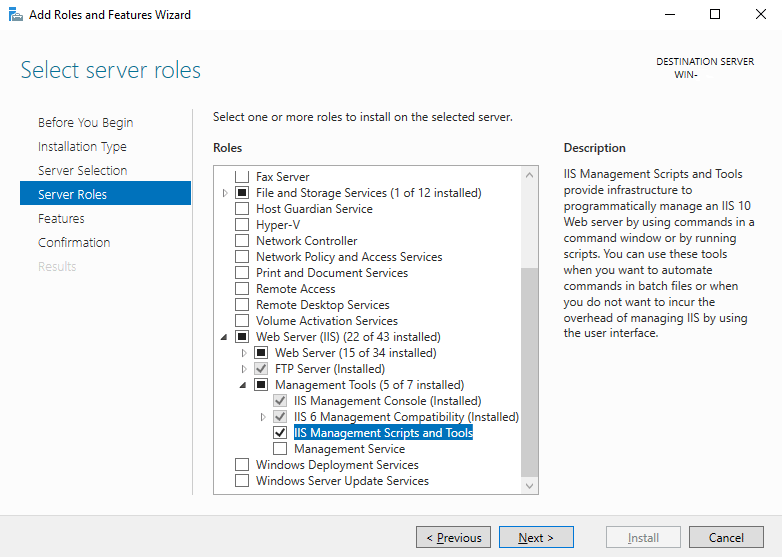 Windows Features dialog showing IIS Management Scripts and Tools