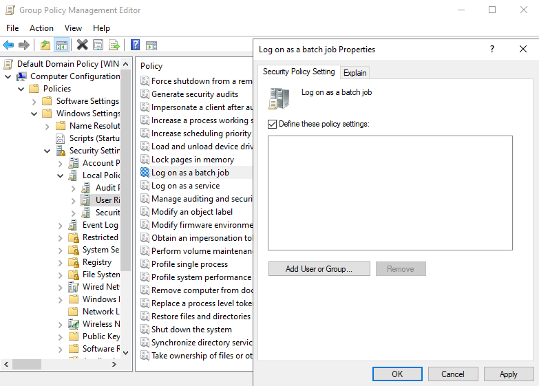 Group Policy Management Editor showing the Log on as a batch job policy