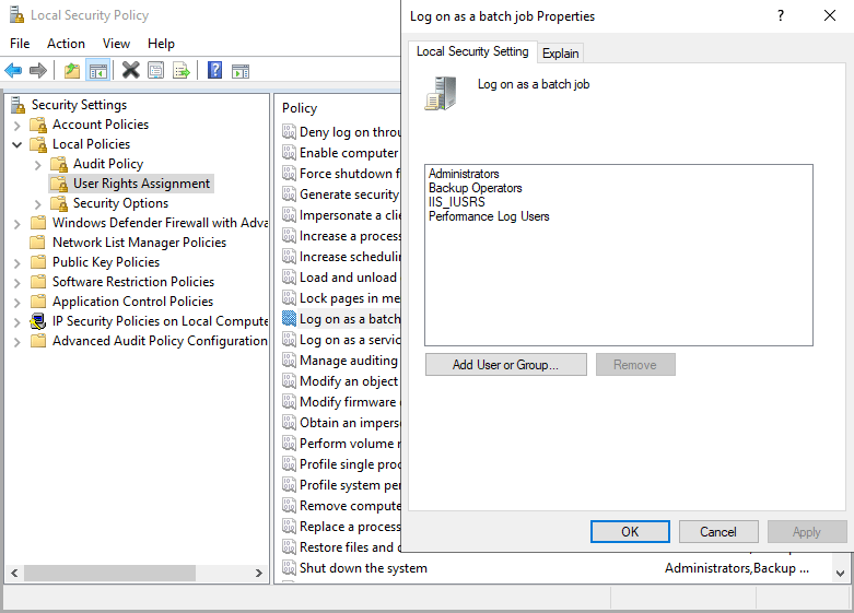 Local Security Policy dialog for Log on as a batch job