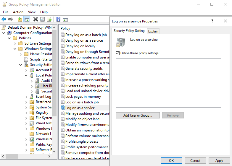 Group Policy Management Editor showing the Log on as a service policy