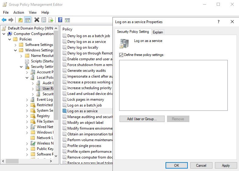 Group Policy Management Editor showing the Log on as a service policy