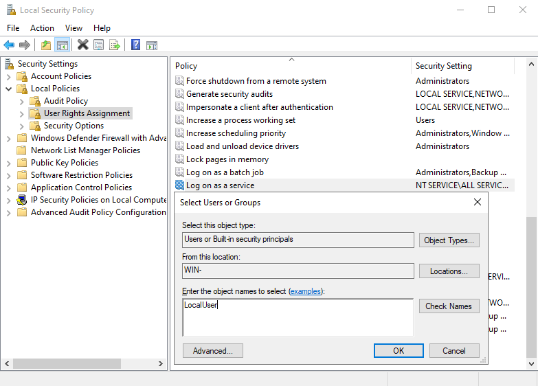 Local Security Policy Add User or Group dialog for Log on as a service