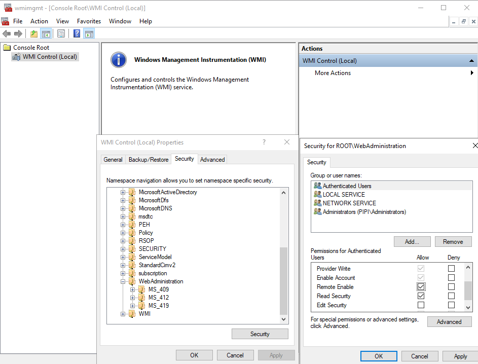 WMI Control security dialog for the root WebAdministration namespace