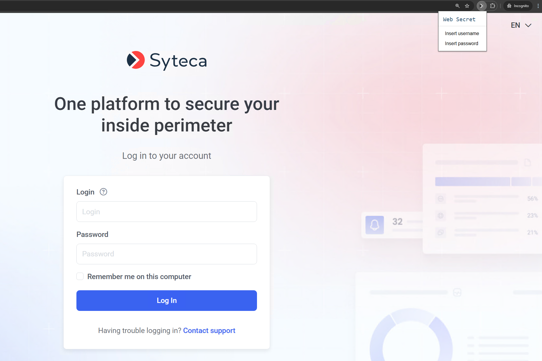 Web account secret opened in a Google Chrome Incognito window