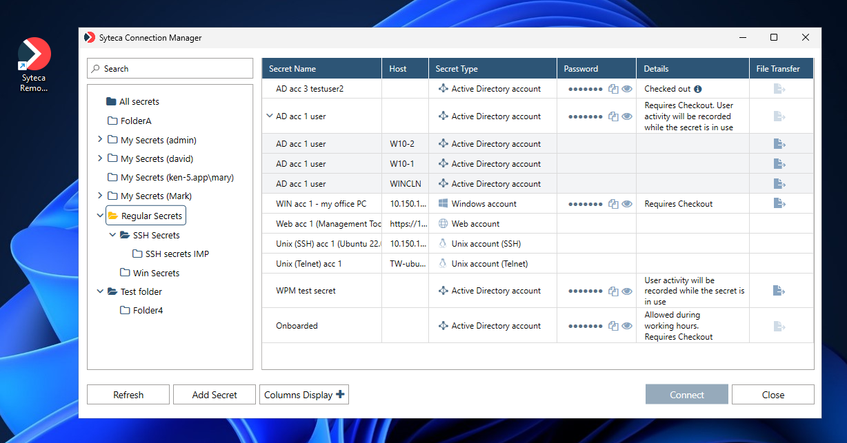 Syteca Desktop Connection Manager listing available secrets