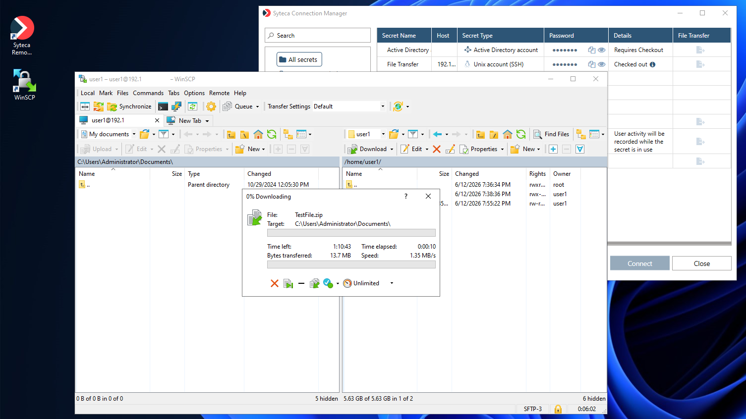 WinSCP application opened through a Syteca secret connection