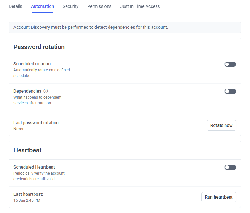 Add Secret Automation tab showing the Scheduled Heartbeat toggle and interval field