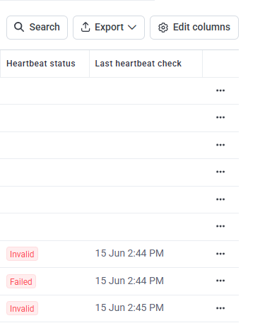 Secrets grid showing the Heartbeat status and Last heartbeat check columns
