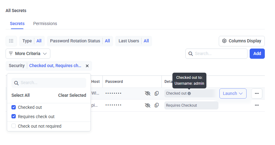 Security tab showing Requires check out and related Password Checkout options